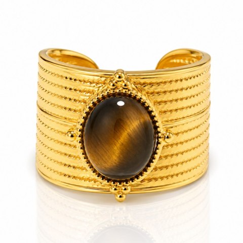 Pierścionek stal szlachetna platerowana 14k złotem, regulowany, oczko TIGER STONE PST1036