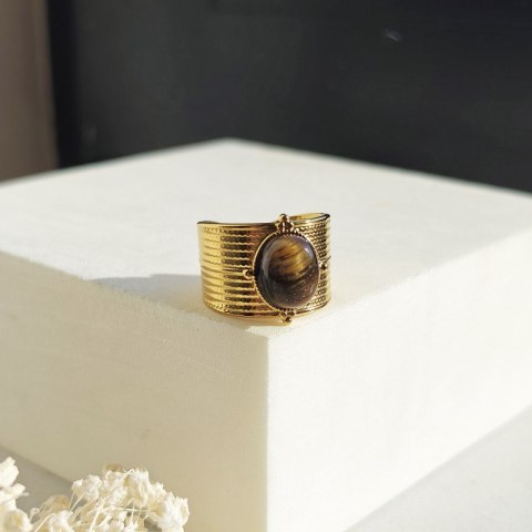 Pierścionek stal szlachetna platerowana 14k złotem, regulowany, oczko TIGER STONE PST1036