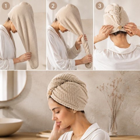 Ręcznik, kapturek, turban do włosów, bardzo chłonny, beżowy 65x25 cm REC60K