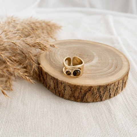 Pierścionek stal szlachetna platerowana 14k złotem, regulowany, TIGER STONE PST1049