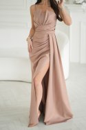 342-22 Elegancka Sukienka Z Geometrycznym Dekoltem I Odpinanymi Ramiączkami - CAMEL