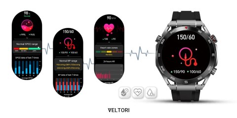 Smartwatch VELTORI VT100-1 + Czarny Pasek Silikonowy + Czarny Eko Skóra