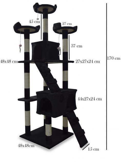 Drapak/Drzewko dla kota Czarny 170cm Domek z Legowiskiem i słupkami z sizalu